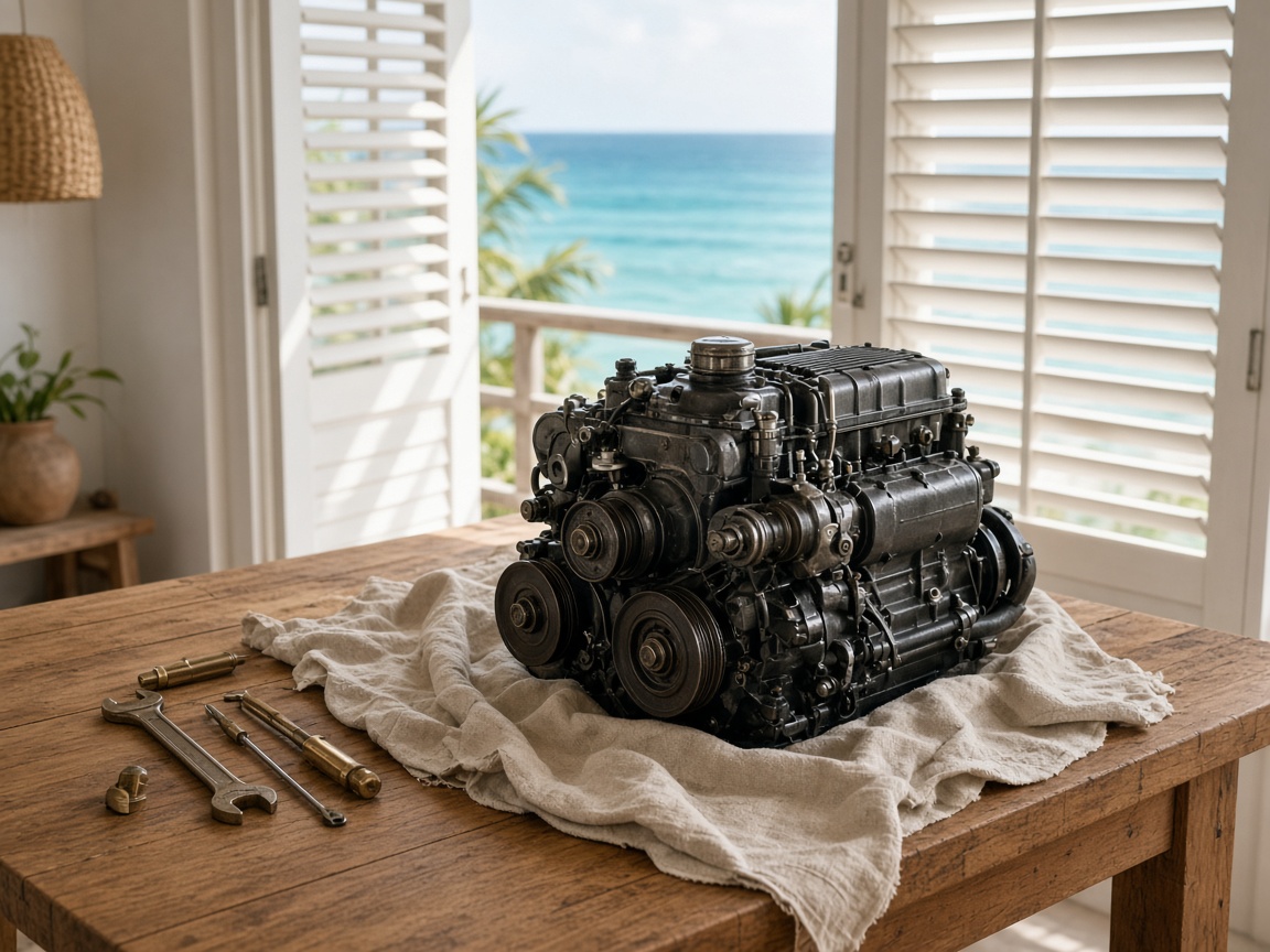 A diesel engine on a teak table