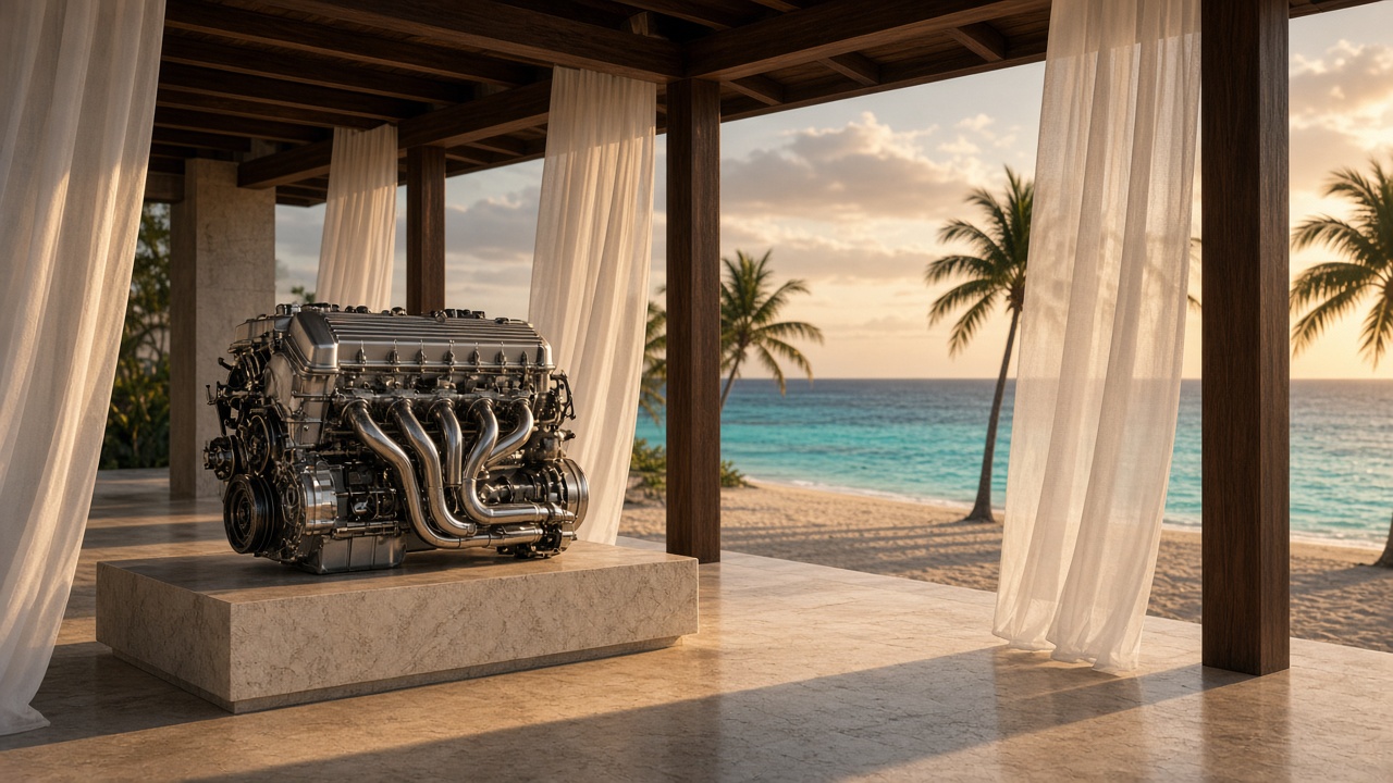 Open pavilion with a used engine by the water