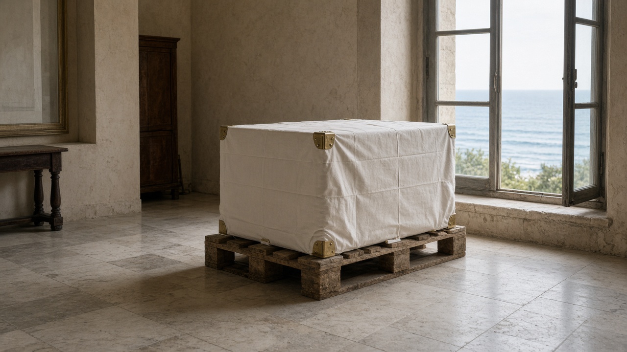 A wrapped crate by a tall window